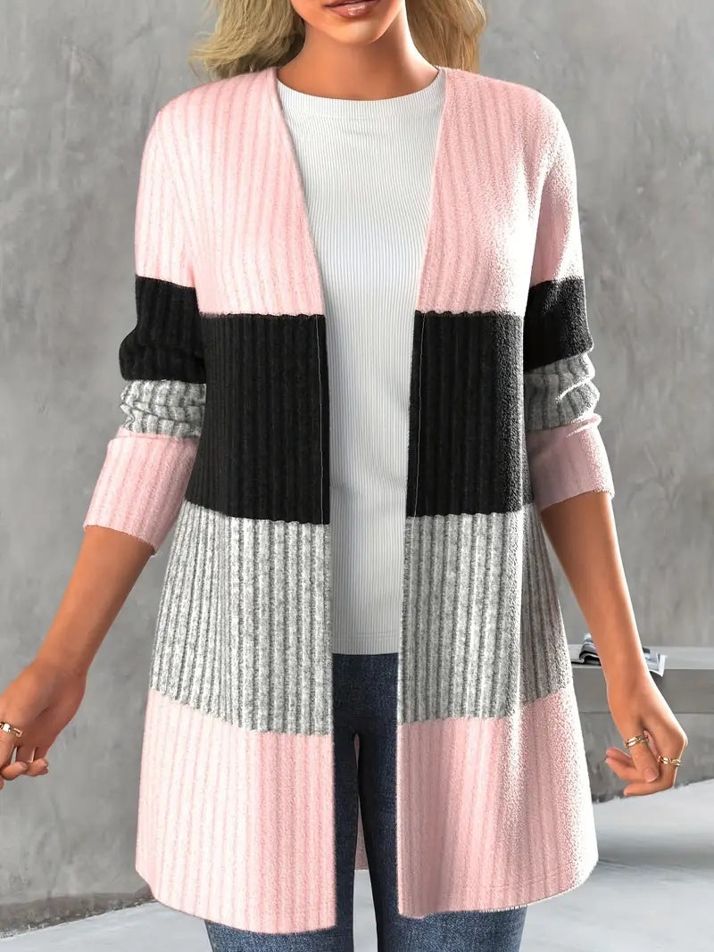 Women’s Casual Long Coat with Contrasting Color Stripes & Open Collar