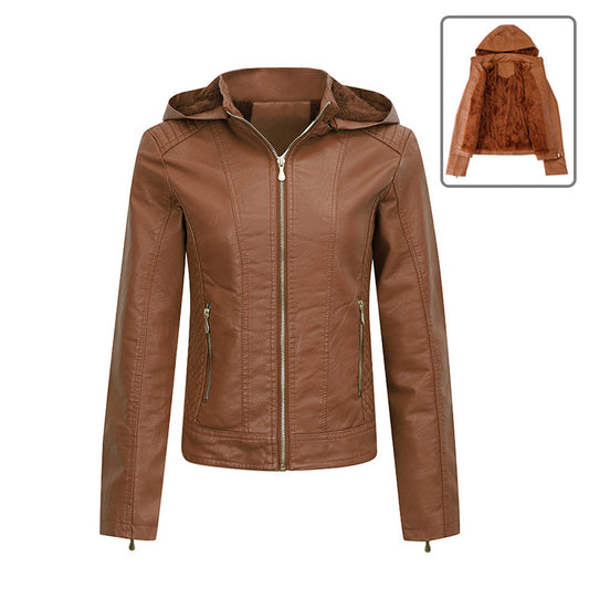 Plush Thickened Hooded Coat – Slim Fit Winter Leather Jacket with Pockets for Women