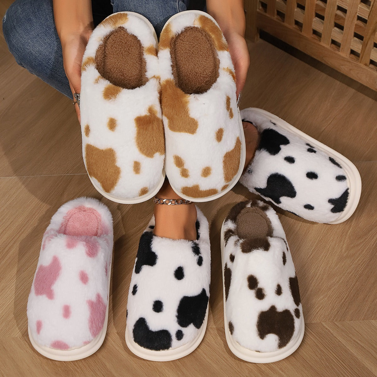 Cute Cow Spotted Plush Slippers Winter Warm Non-slip Bedroom Floor Fuzzy Slipper Couple Women House Shoes - ZA-ZOLA