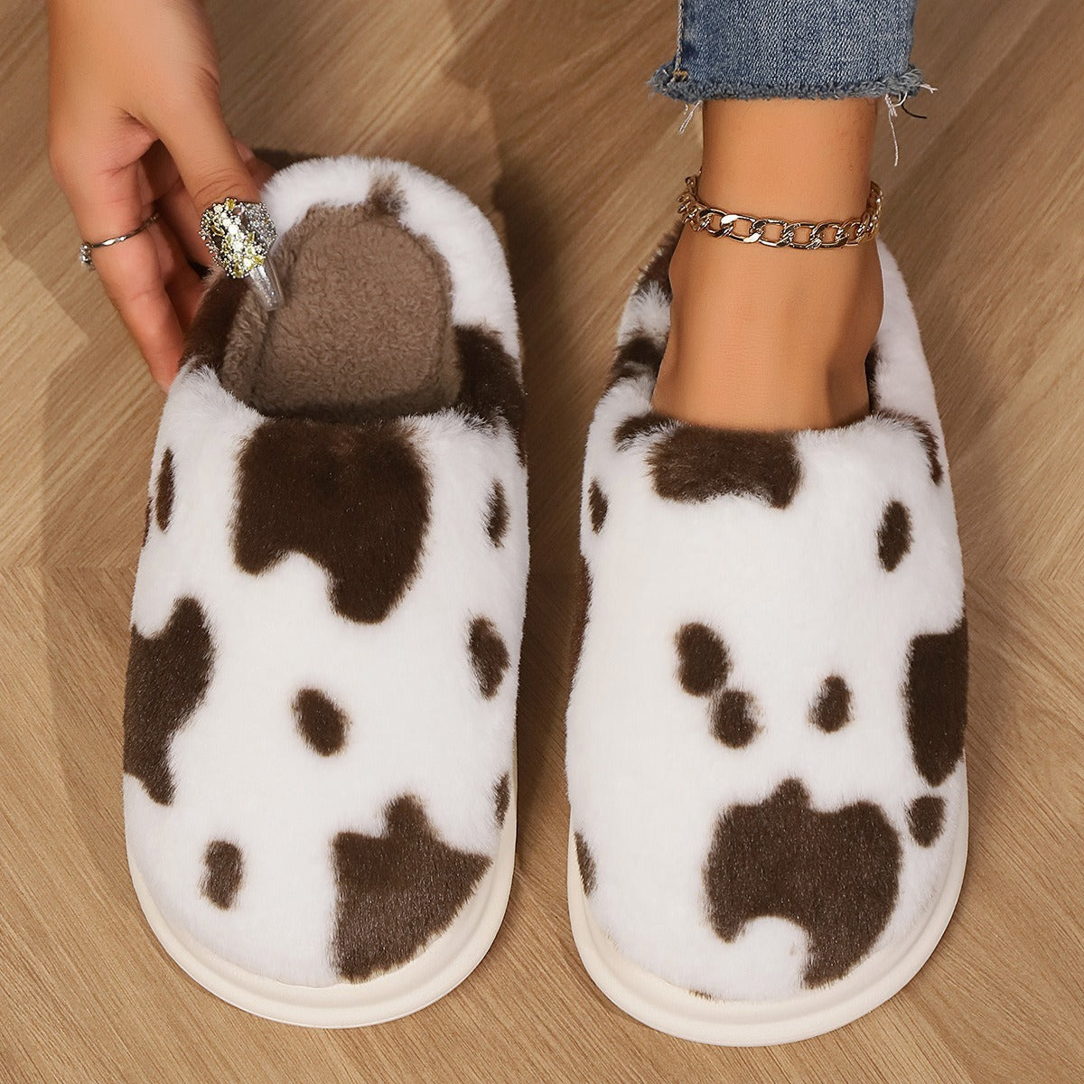 Cute Cow Spotted Plush Slippers Winter Warm Non-slip Bedroom Floor Fuzzy Slipper Couple Women House Shoes - ZA-ZOLA