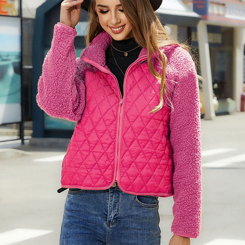 Women's Plush Jacket with Rhombus Stitching Design – Warm Lamb Wool Lapel Zipper Short Coat