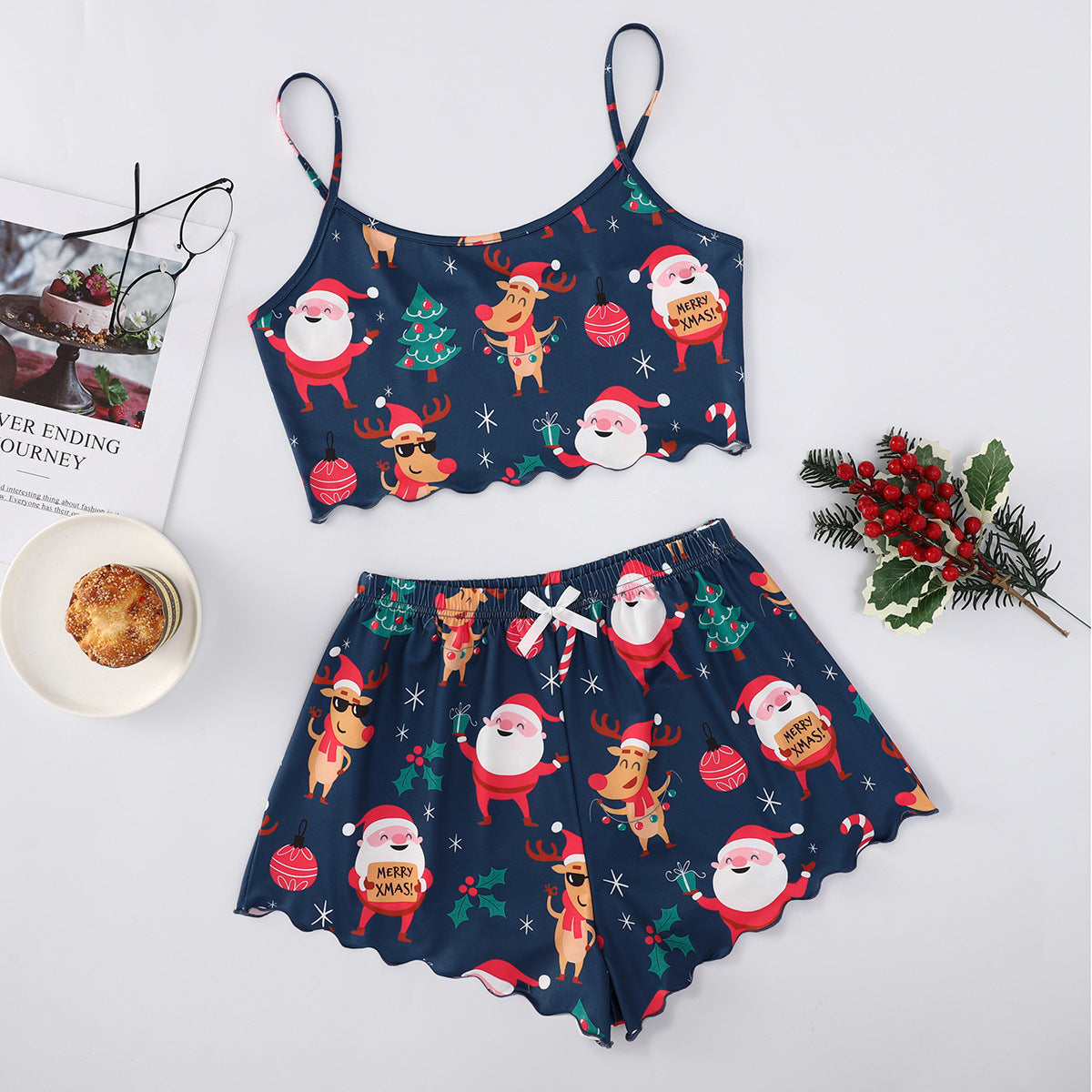 Women's Christmas Milk Silk Pajamas – Sleeveless Shorts Two-Piece Casual Homewear - ZA-ZOLA