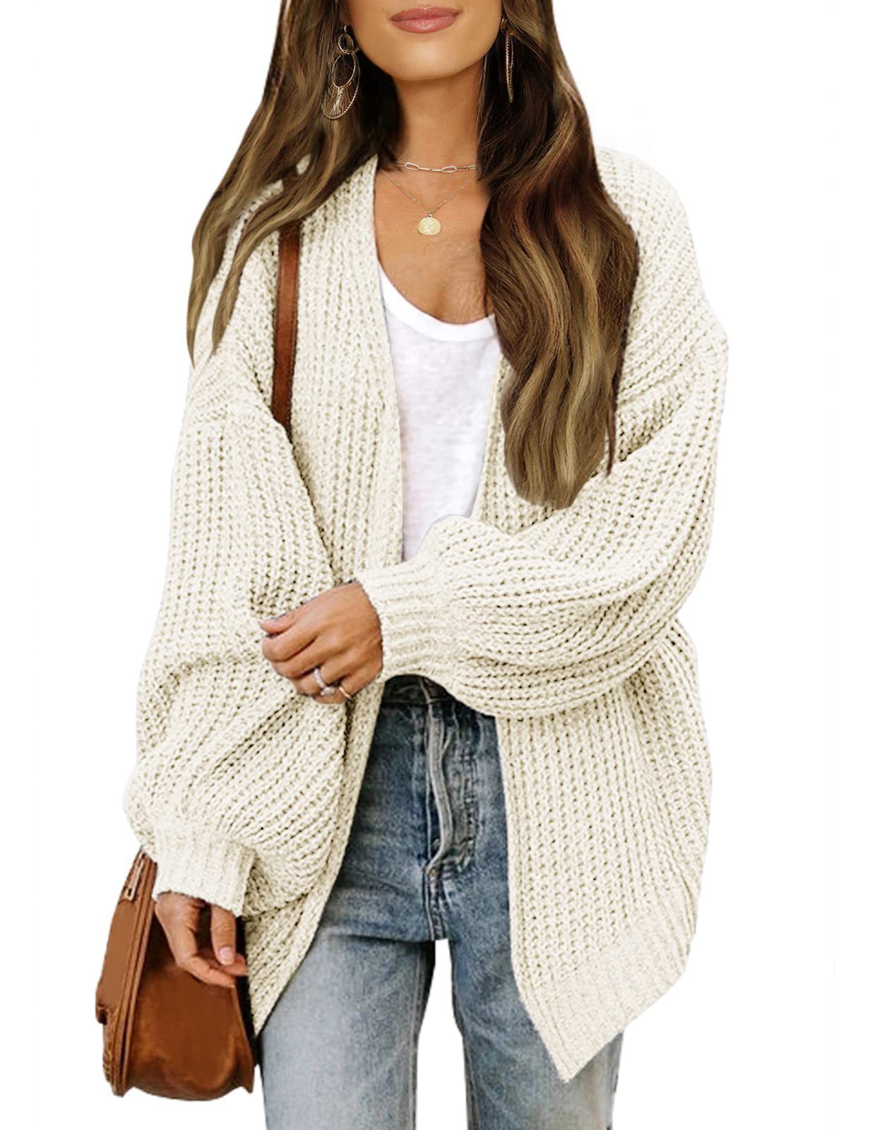 Fashion Lantern-Sleeved Sweater with Pockets – Casual Loose Knit Cardigan for Women