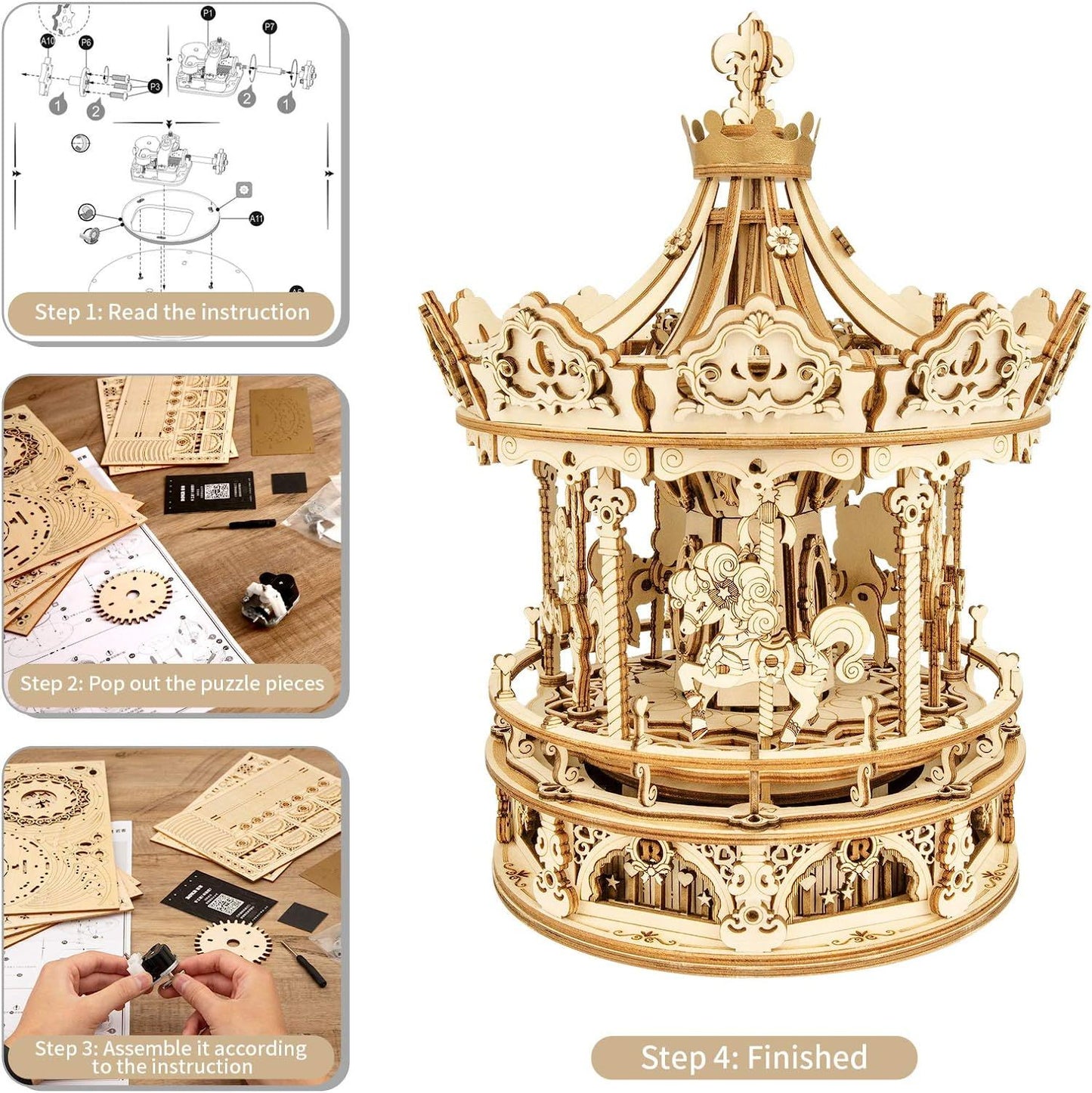 Robotime Rokr 3D Wooden Puzzle Music Box | DIY Rotating Carousel Model Kit - ZA-ZOLA