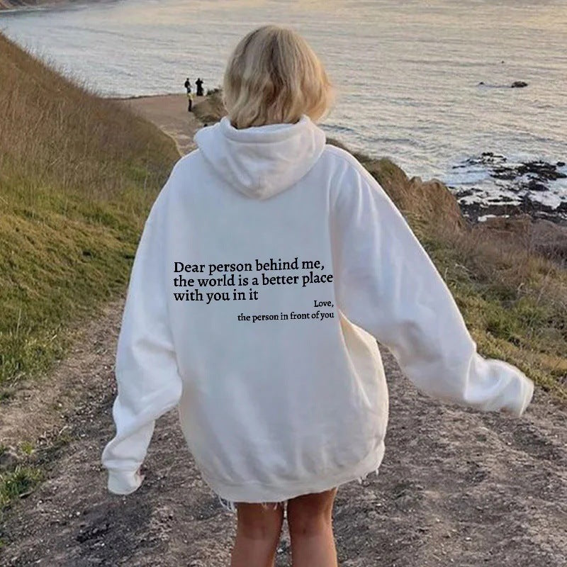 Kapuzenpullover mit „Dear Person Behind Me“-Buchstabenaufdruck – Plüsch-Sweatshirt mit Kordelzug und Kängurutasche für Damen und Herren