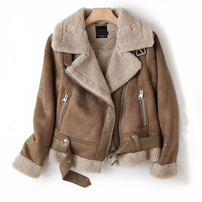 Women's Suede Lapel Jacket | Warm Lamb Wool Motorcycle Coat for Winter Outwear - ZA-ZOLA