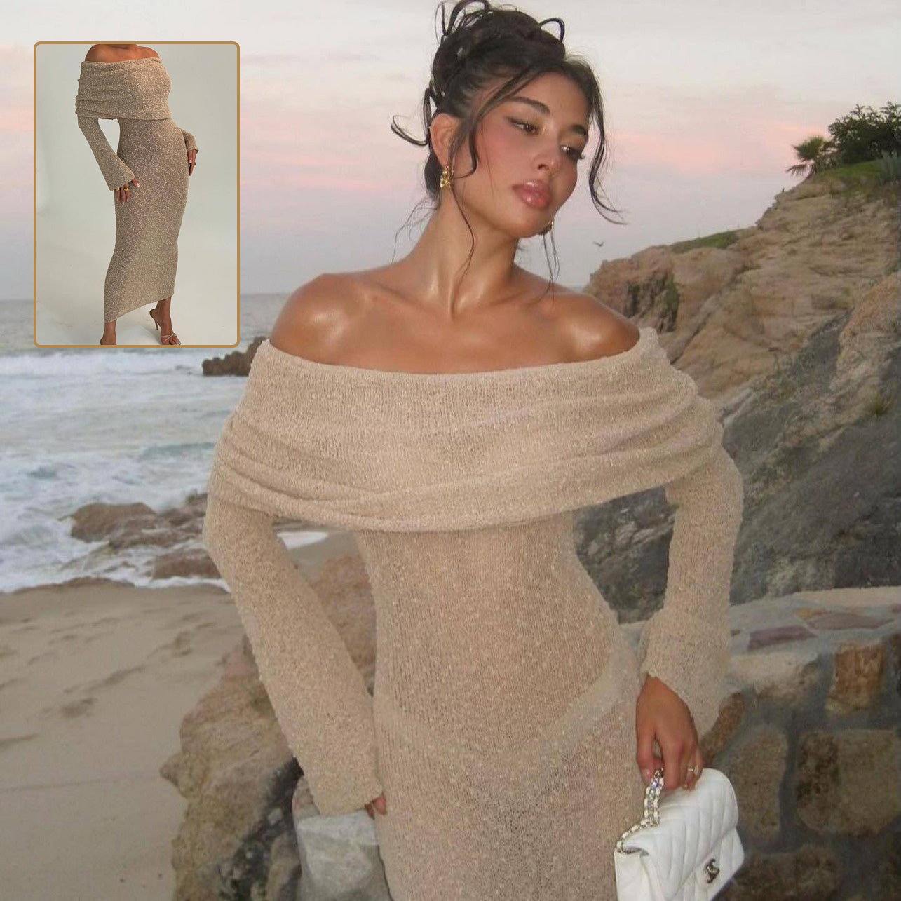 Neues One-Shoulder-Strickkleid – Sexy langärmliges Strand-/Urlaubskleid für Damen | Großbritannien und USA