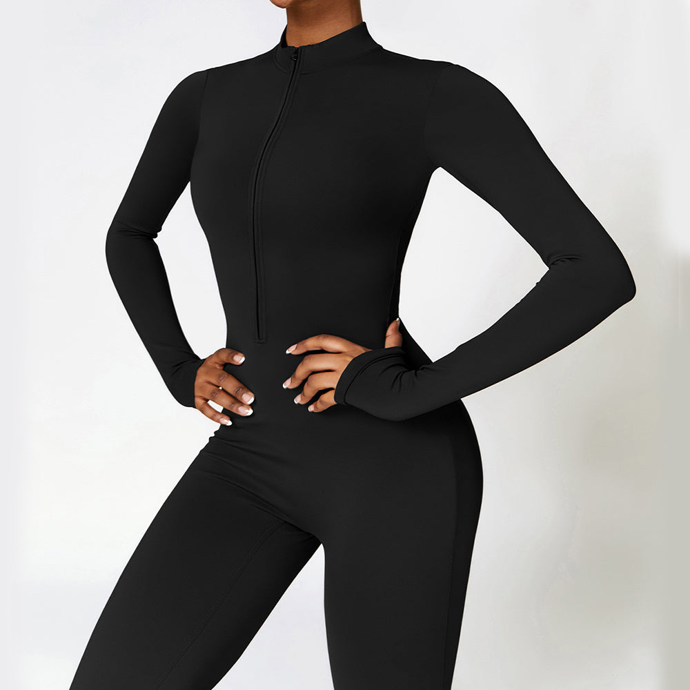 Warm Zipper Long-Sleeved Jumpsuit for Women – Breathable Yoga & Fitness Bodysuit