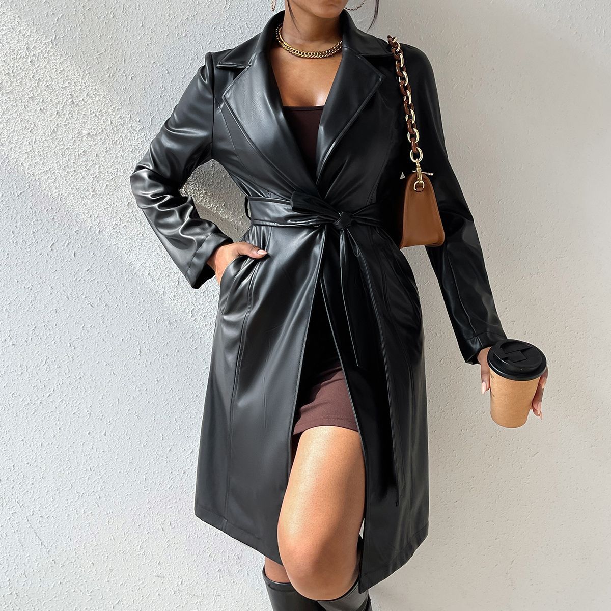 Long Sleeve Lapel PU Leather Jacket – Slim Fit Women’s Trench Coat with Pockets