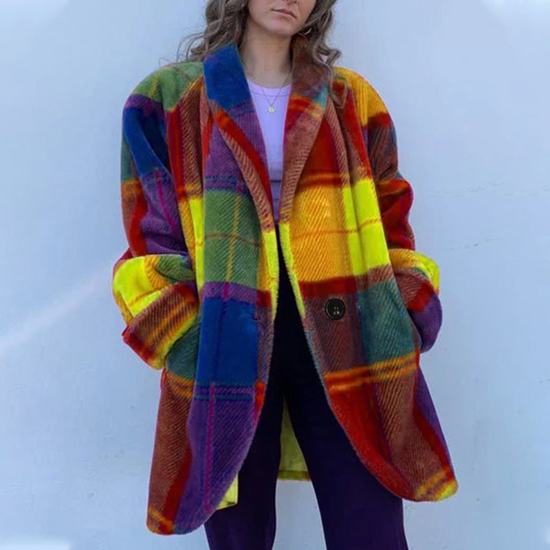 Rainbow Color Plaid Lapel Jacket with Pockets – Fashion Button Coat for Women