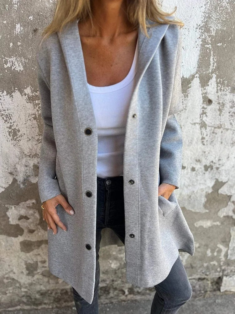 Casual Hooded Single-Breasted Cardigan – Loose Solid Color Jacket for Women