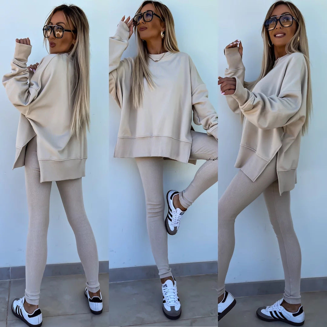 Women's Sweater Suit – Casual Loose Long Sleeve Crew Neck Top & Tight Trousers Set