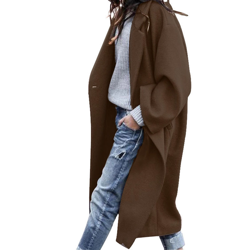 Casual Long Woolen Coat with Pockets – Women’s Solid Color Single-Breasted Lapel Winter Jacket