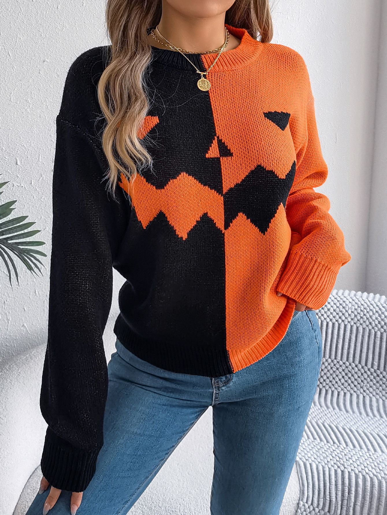 Halloween Contrast-color Pullover Sweater Fashion Long Sleeve Knitted Tops For Womens Clothing - ZA-ZOLA