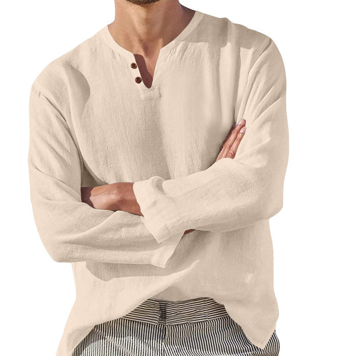 Men's Cotton Linen V-Neck Long Sleeve Shirt – Casual Beach Style, Breathable & Stylish - ZA-ZOLA