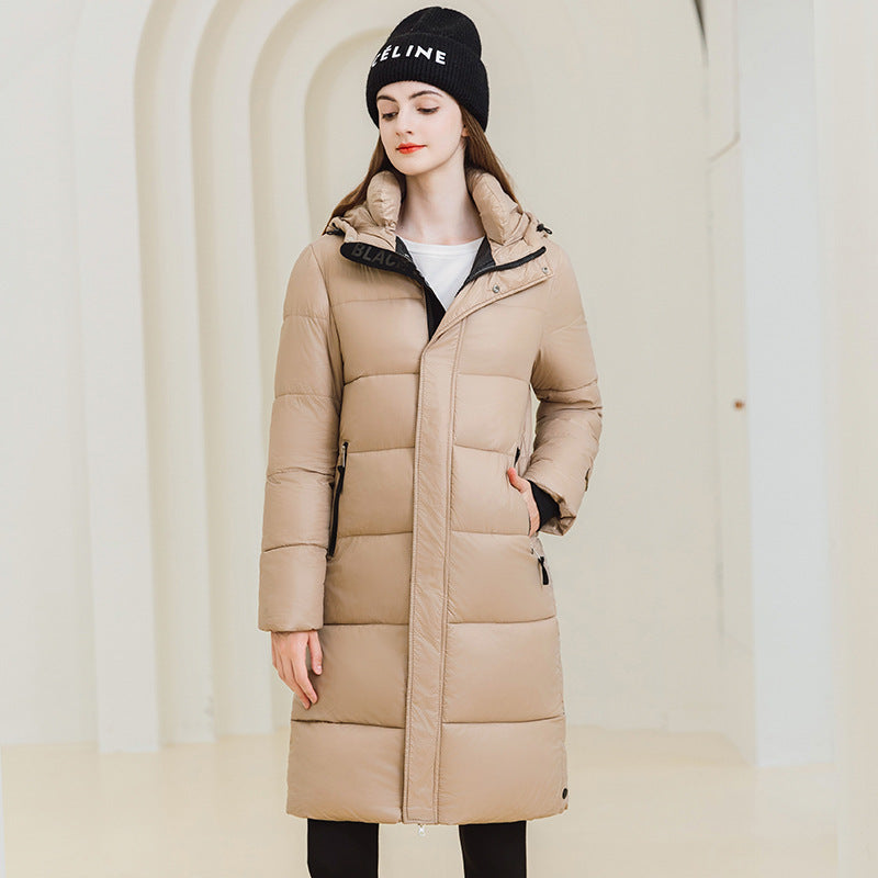 Warmer Wintermantel mit Kapuze und Taschen – Einfache lange Baumwolljacke für Damen