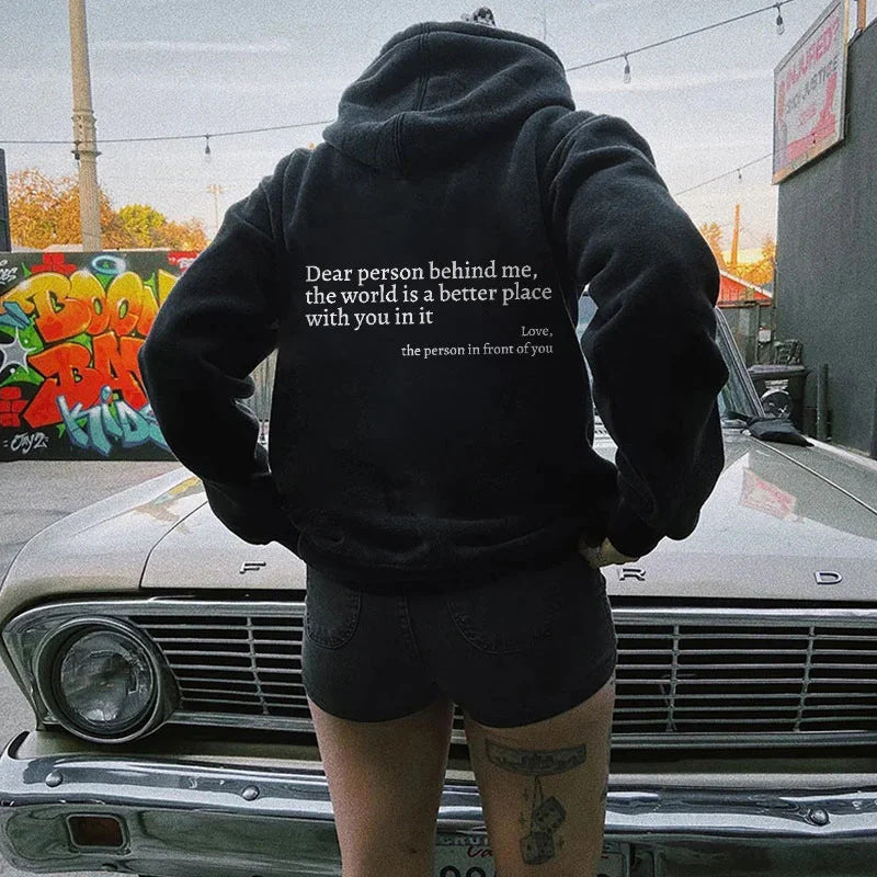 Kapuzenpullover mit „Dear Person Behind Me“-Buchstabenaufdruck – Plüsch-Sweatshirt mit Kordelzug und Kängurutasche für Damen und Herren