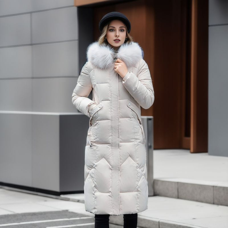 Women's Cotton-Padded Over-the-Knee Quilted Jacket with Large Fur Collar – Warm & Stylish Winter Coat