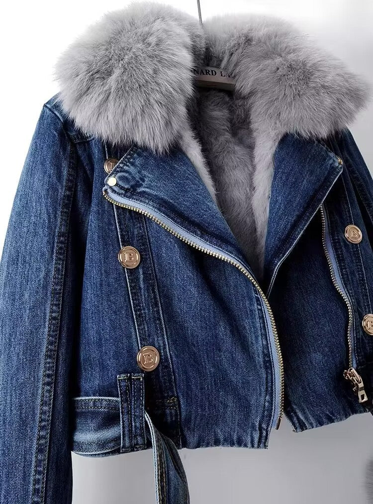 Detachable Fox Fur & Rabbit Fur Liner Denim Coat for Women – Luxury & Warmth