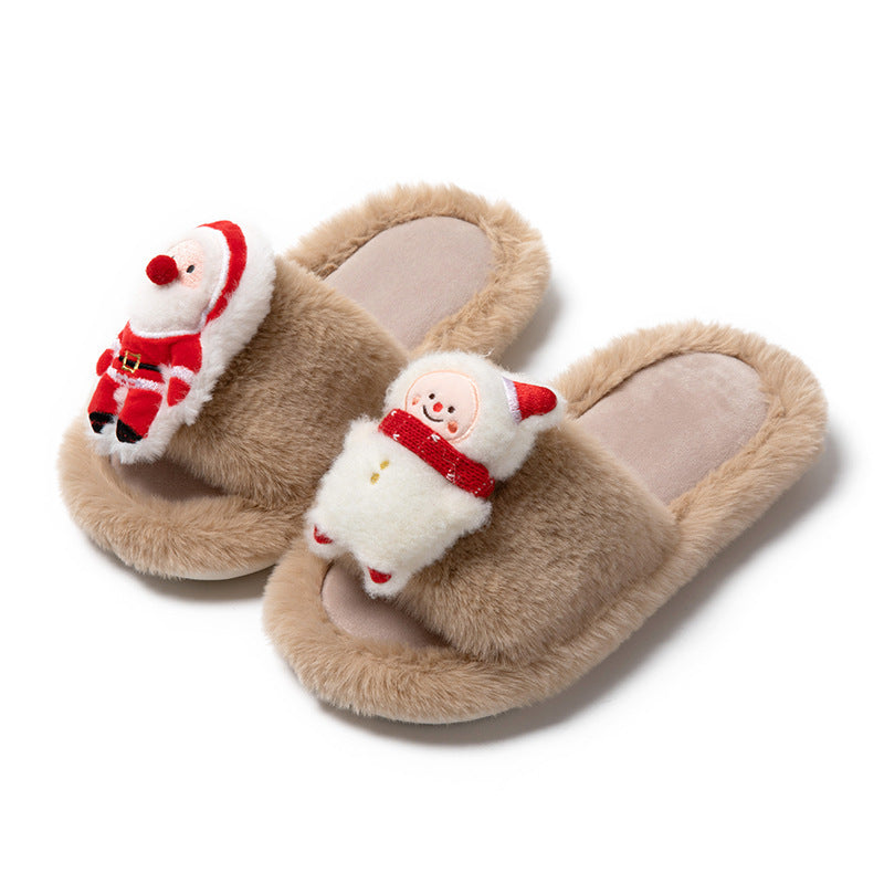 Santa Claus Open-Toe Cotton Slippers – Cozy Winter Indoor Plush Slippers for Women – Warm Furry Christmas Shoes - ZA-ZOLA