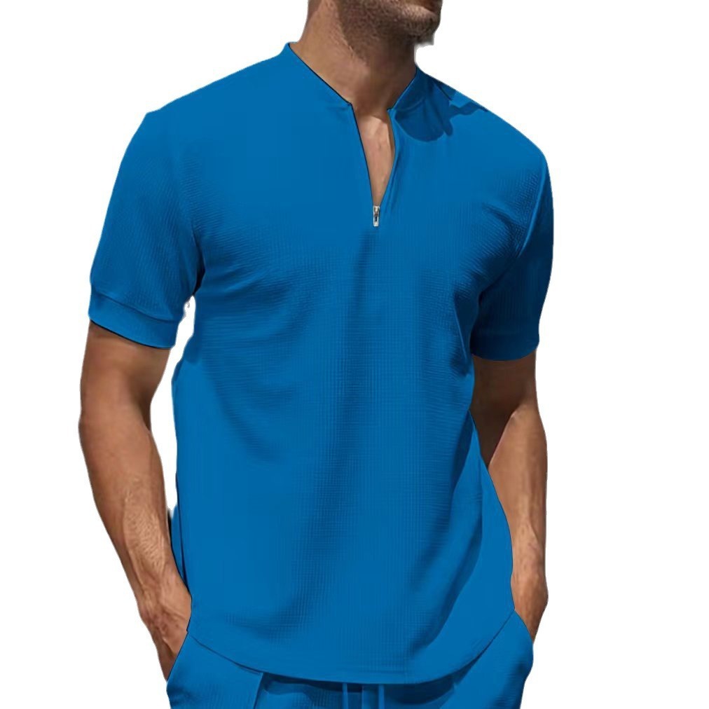 Waffle Zipped Stand Collar Solid Color Short Sleeve - ZA-ZOLA