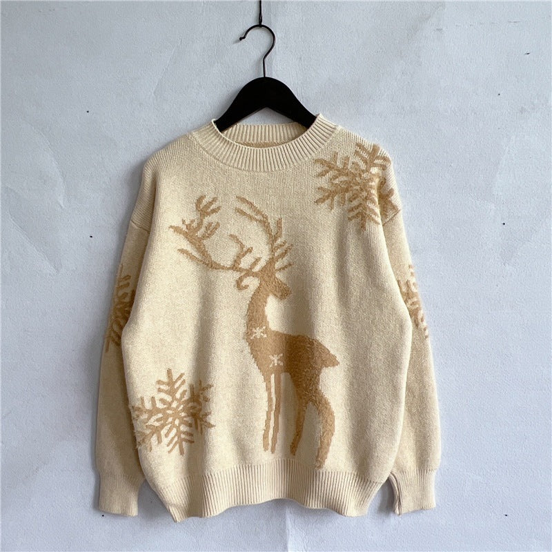 Round Neck Long Sleeve Christmas Sweater – Snowflake & Deer Jacquard Knitwear - ZA-ZOLA