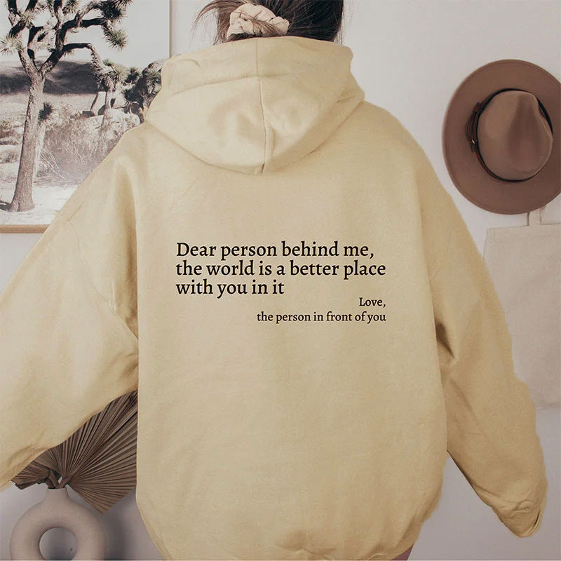 Kapuzenpullover mit „Dear Person Behind Me“-Buchstabenaufdruck – Plüsch-Sweatshirt mit Kordelzug und Kängurutasche für Damen und Herren