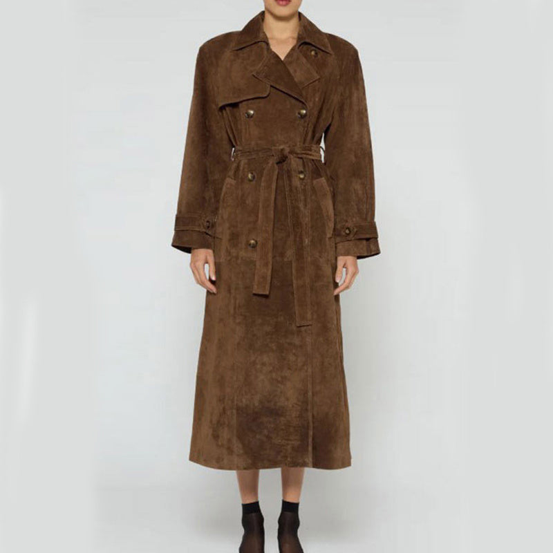 Double-Breasted Lapel Shift Coat with Belt – Vintage Suede Long Winter Coat for Women