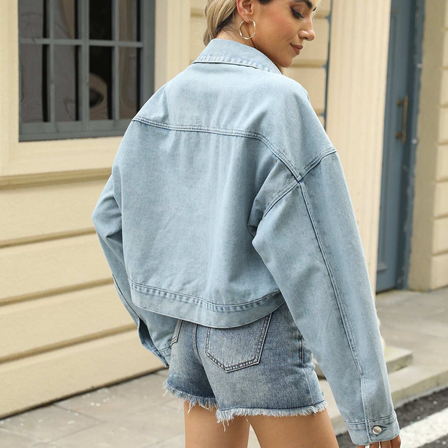 Loose Cropped Denim Jacket with Rivet Design for Women