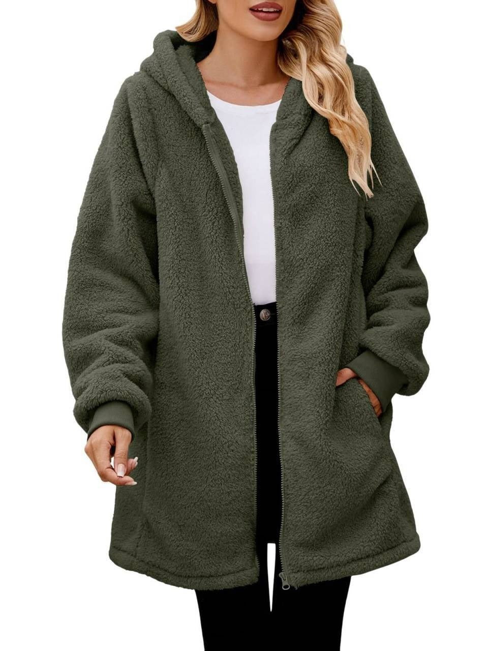 Loose Plush Women's Long Sleeve Hooded Zip Cardigan Coat – Cozy Winter Outerwear