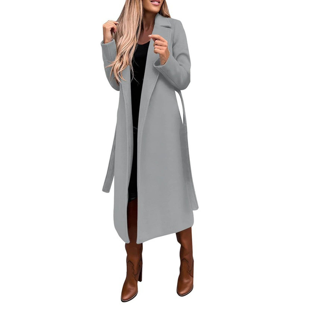 Woolen V-Neck Lace-Up Long Coat – Fashionable Women’s Wool Coat