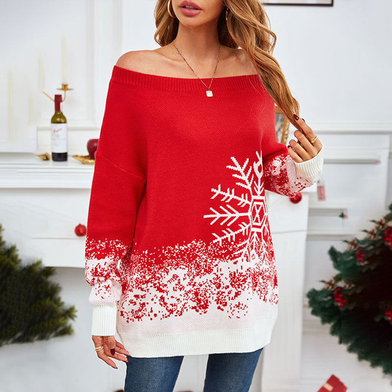 Little Snowflake Off-the-Shoulder Christmas Sweater – Casual Festive Knitwear for Women - ZA-ZOLA