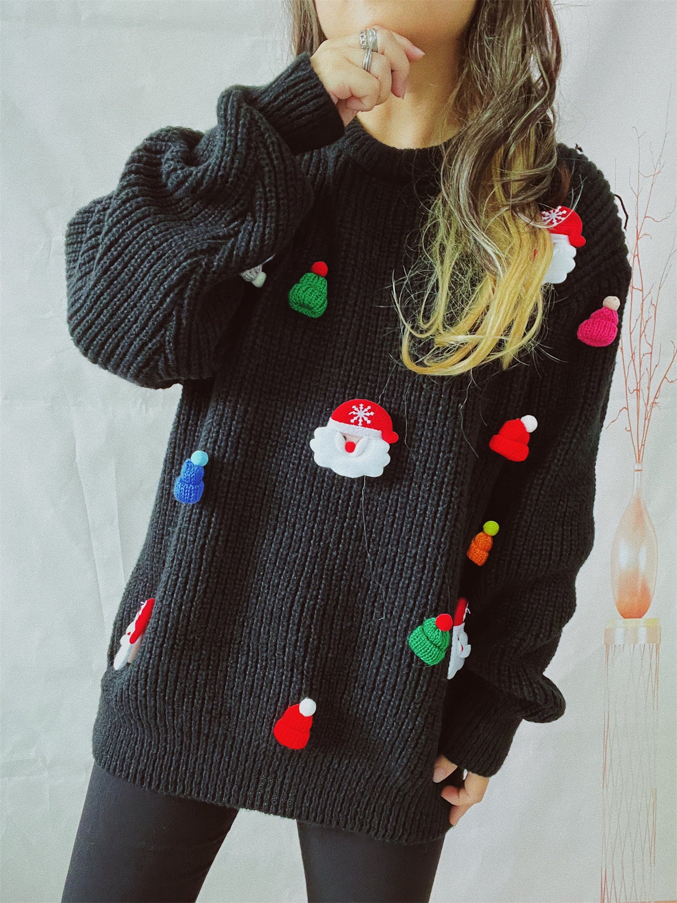 Women's Cute Santa Claus 3D Decoration Sweater – Round Neck Long Sleeve Christmas Knitwear - ZA-ZOLA