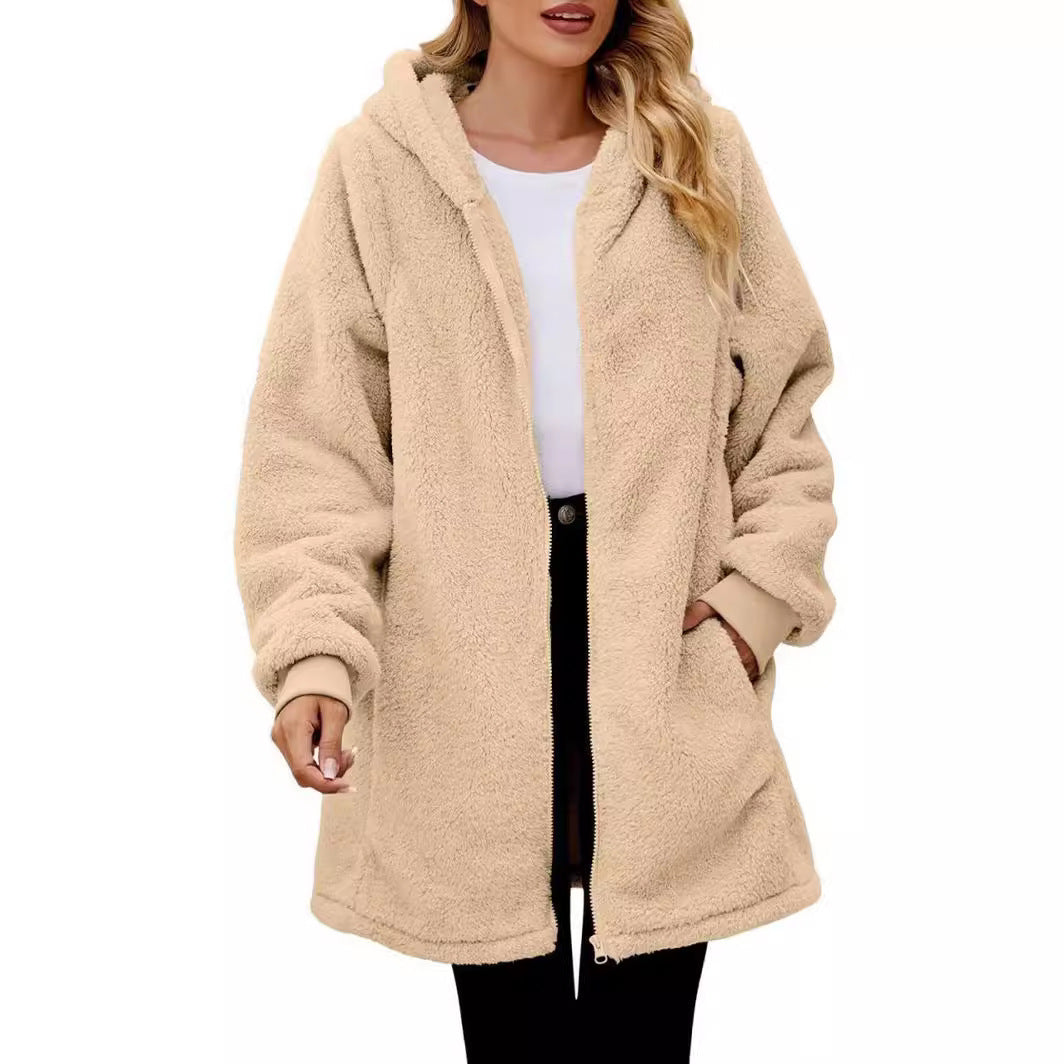 Loose Plush Women's Long Sleeve Hooded Zip Cardigan Coat – Cozy Winter Outerwear