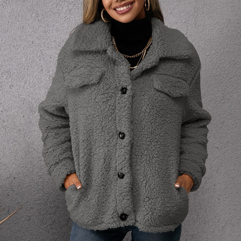 Lapel Single-Breasted Fleece Coat – Winter Warm Button Pocket Short Jacket for Women