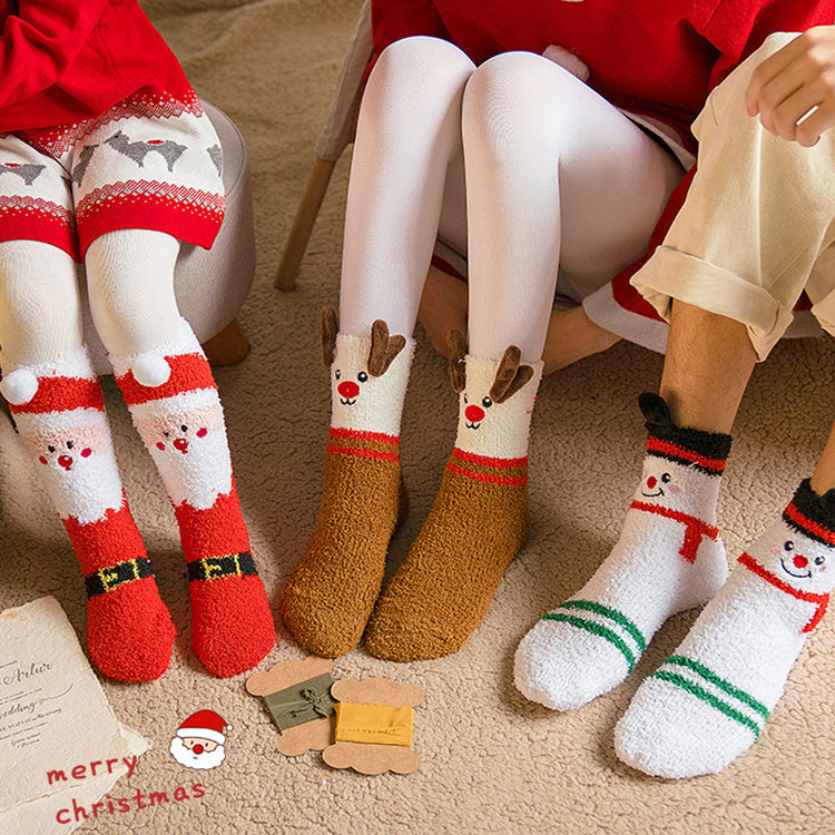 Child Christmas Socks – Cute Elk, Santa Claus, Snowman Coral Fleece Winter Floor Socks - ZA-ZOLA