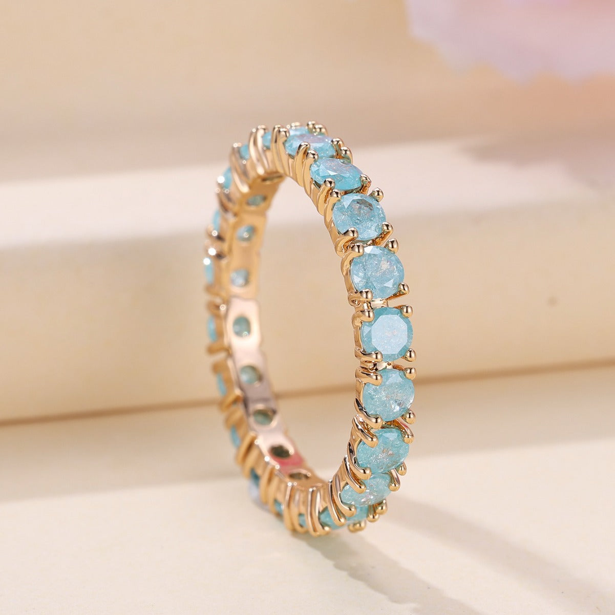 French Retro Champagne Gold Blue Ice Flower Zirconium Full Diamond Ring - ZA-ZOLA