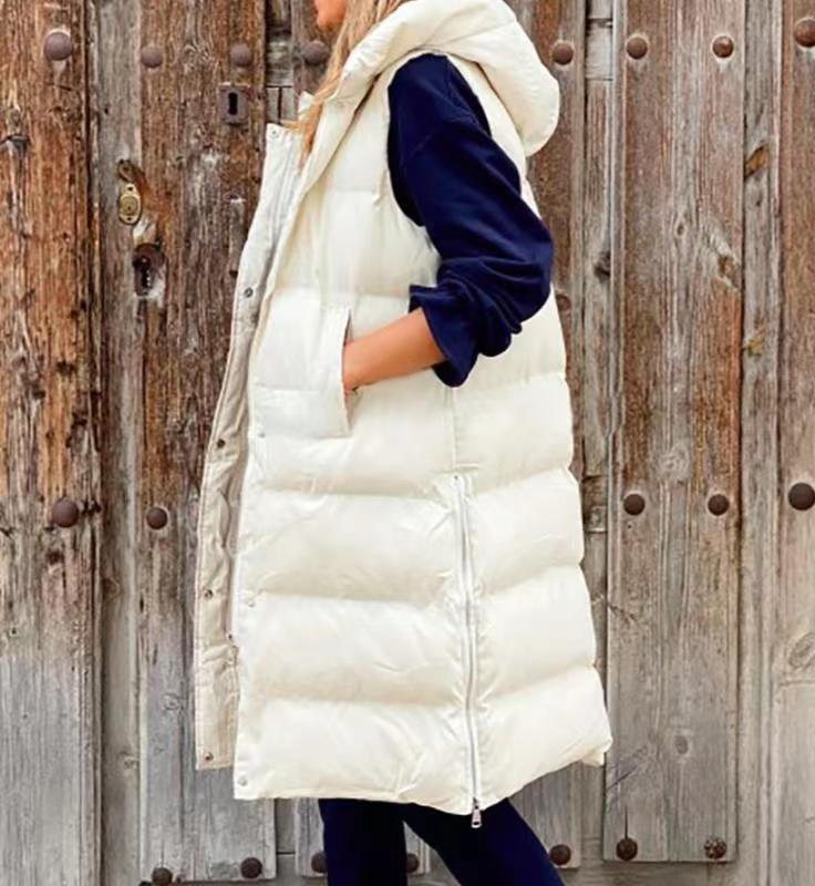 Pure Color Hooded Long Cotton Vest – Casual Women's Winter Outerwear