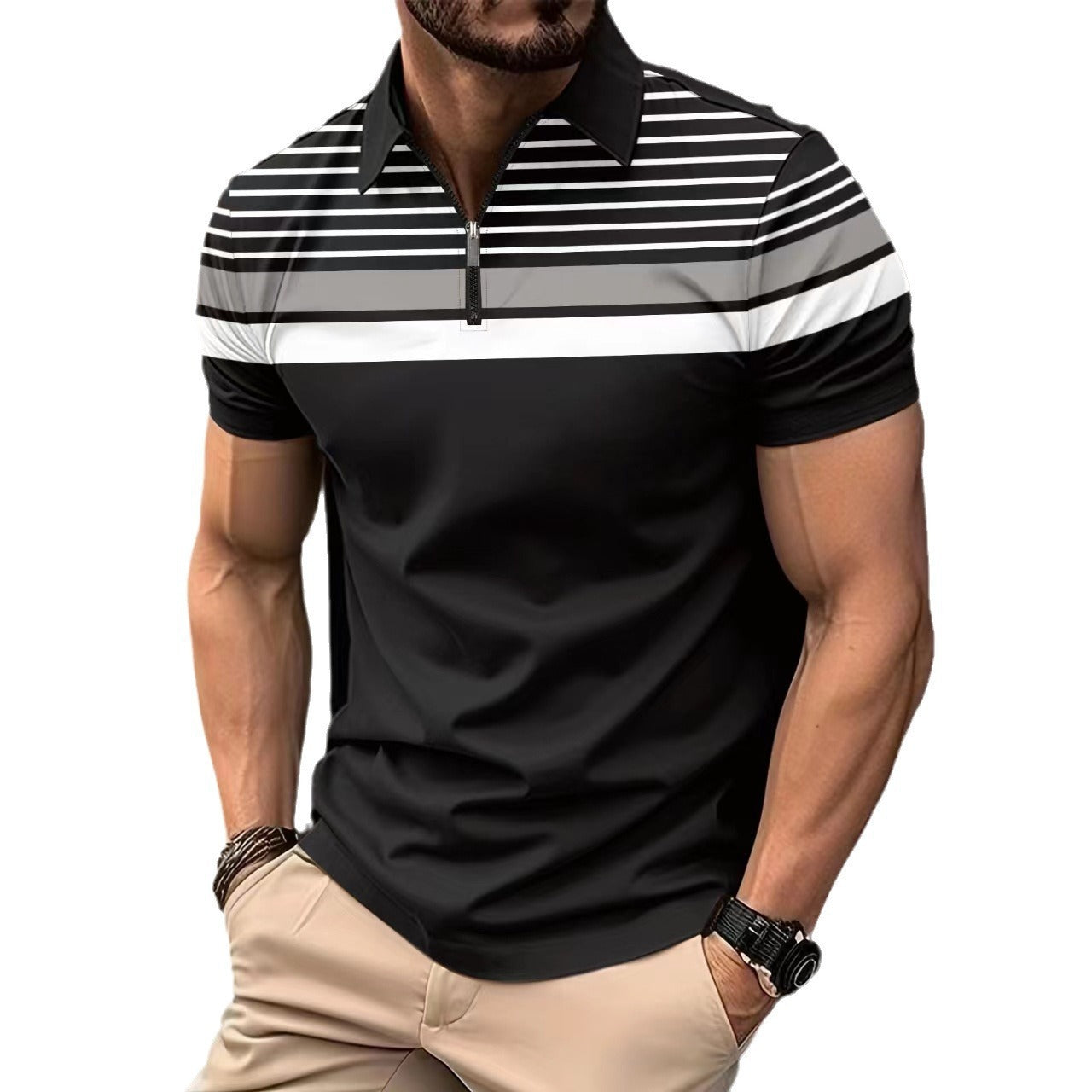 Business Striped Versatile T-shirt MenProduct information:
 
 Pattern: stripes
 
 Color: Black
 
 Size: S,M,L,XL,XXL,XXXL
 
 Version: Loose
 
 Main fabric composition: Polyester Fiber
 
 Sleeve length: sPoloZA-ZOLAZA-ZOLABusiness Striped Versatile