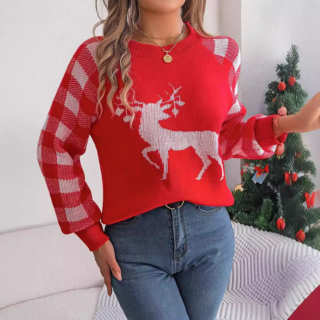 Christmas Women's Casual Plaid Deer Long Sleeve Pullover Sweater – Festive Holiday Knitwear - ZA-ZOLA