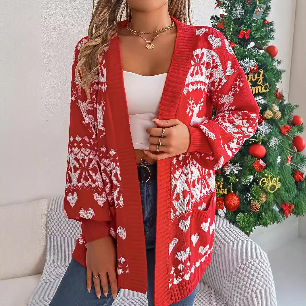 Women's Christmas Open Front Cardigan – Oversized Deer Knitwear with Lantern Sleeves - ZA-ZOLA