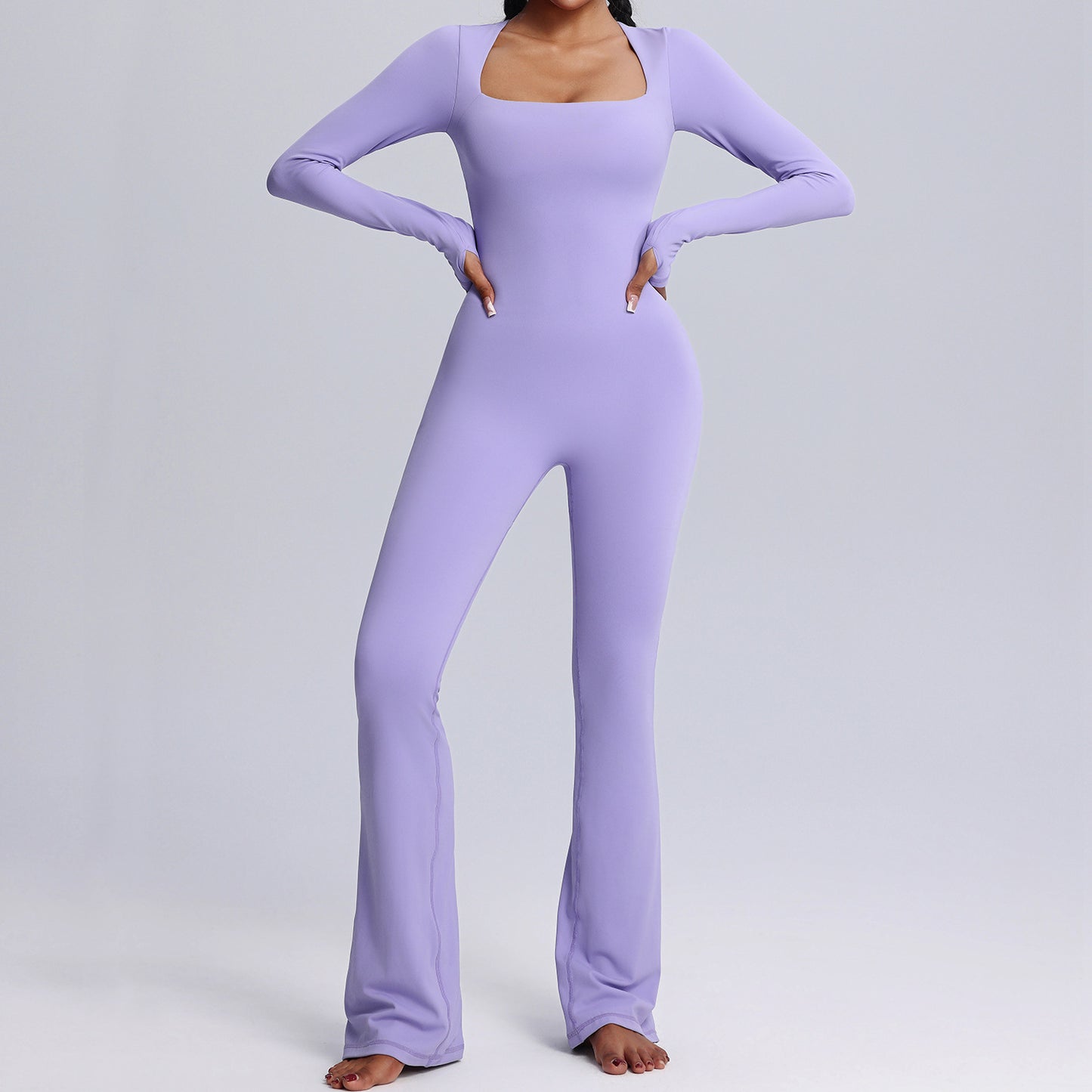 New Square Neck Long-Sleeved Jumpsuit – Yoga & Fitness Sports Bodysuit with Flared Pants for Women