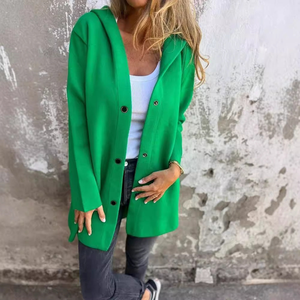 Casual Hooded Single-Breasted Cardigan – Loose Solid Color Jacket for Women