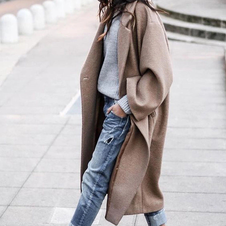 Casual Long Woolen Coat with Pockets – Women’s Solid Color Single-Breasted Lapel Winter Jacket