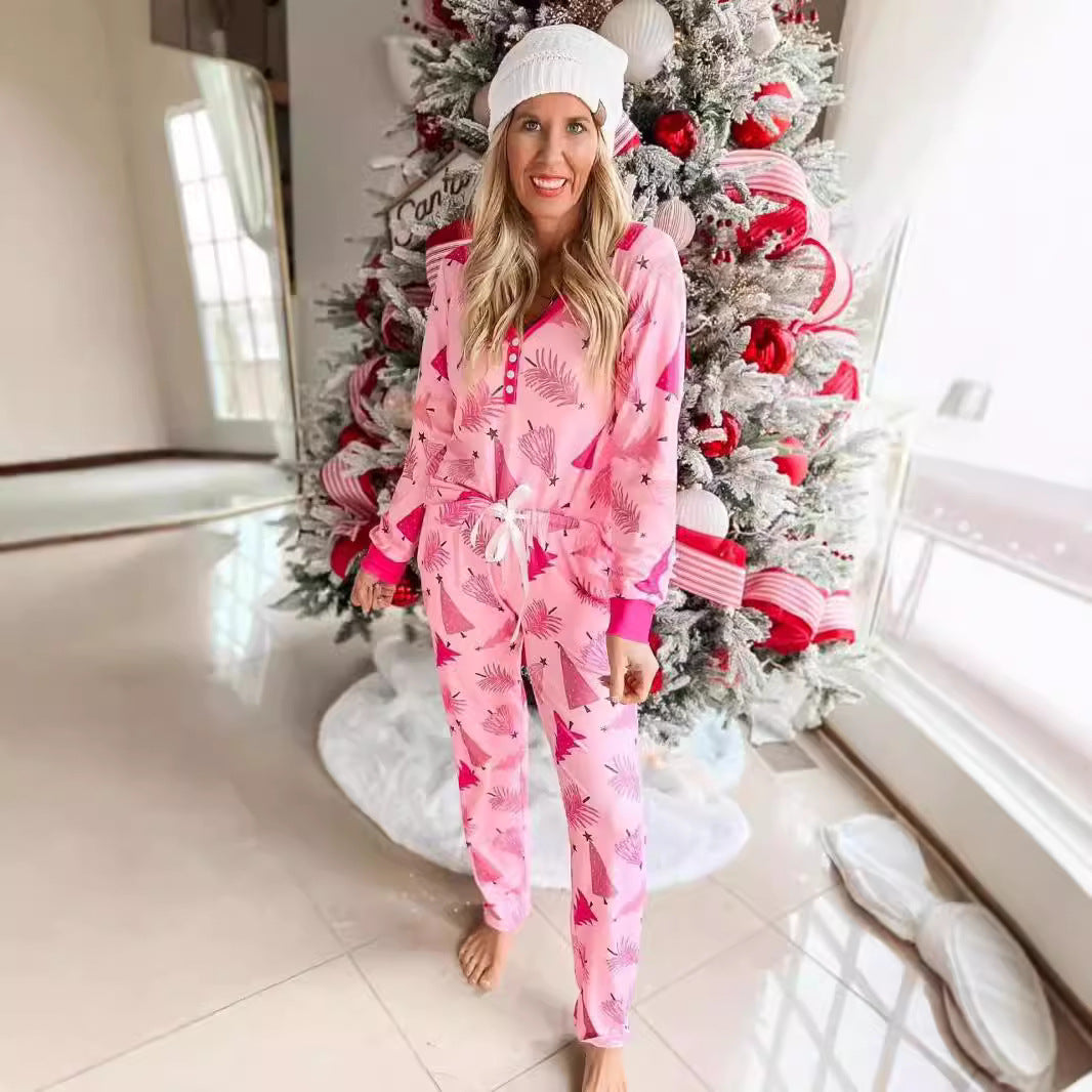 Christmas Tree Print Pajamas Suit – Long Sleeve Button-Up Two-Piece Set for Festive Comfort - ZA-ZOLA