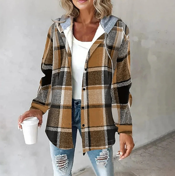 European & American Fashion Women’s Solid Color Plaid Hooded Jacket