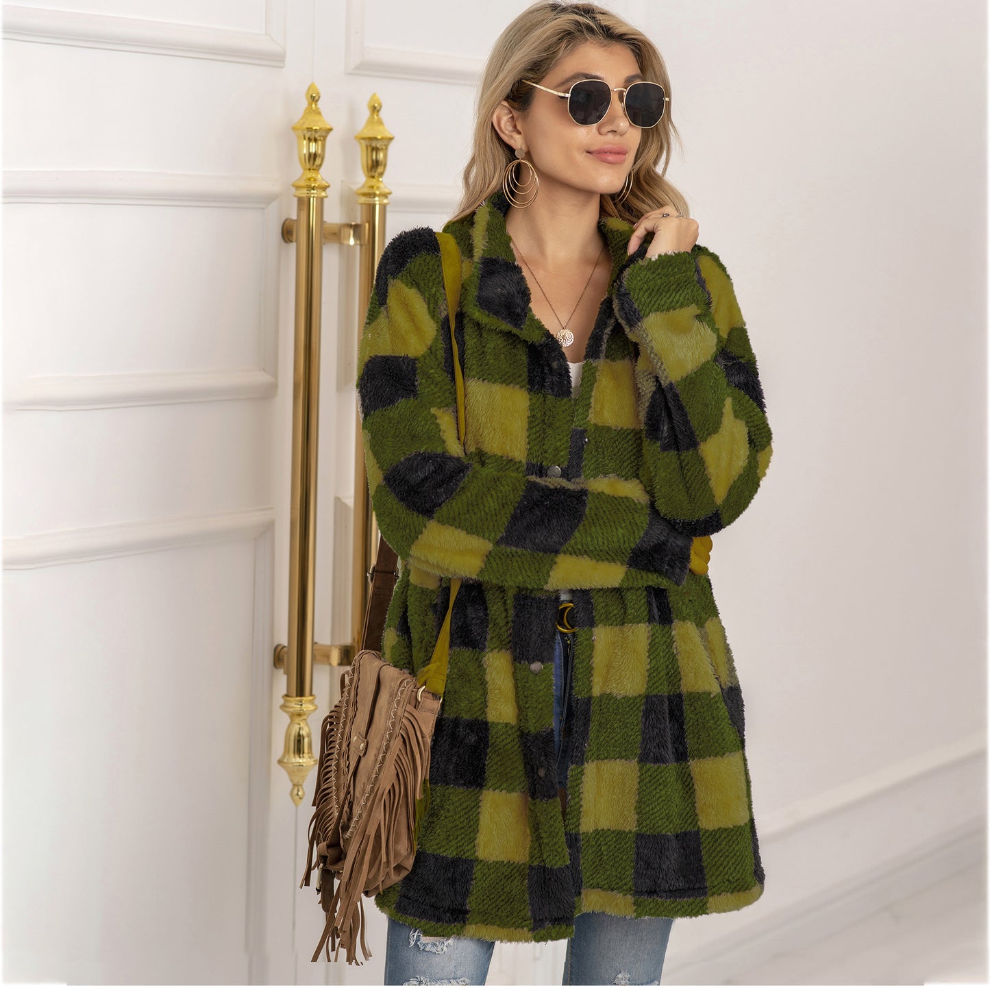 Colorblock Plaid Fleece Jacket – Fashion Single-Breasted Long Jacket for Women