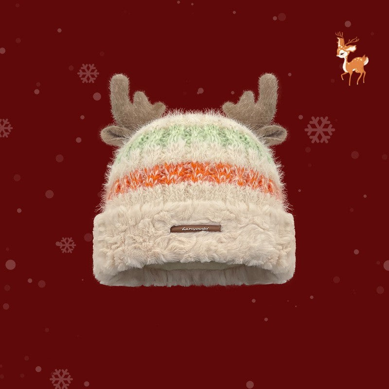 Christmas Knitted Hat with Deer Antlers – Winter Warm Thick Beanie for Women & Girls - ZA-ZOLA