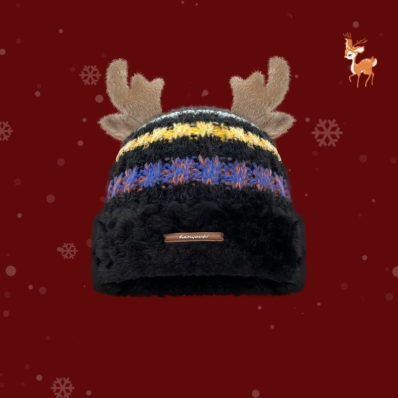 Christmas Knitted Hat with Deer Antlers – Winter Warm Thick Beanie for Women & Girls - ZA-ZOLA