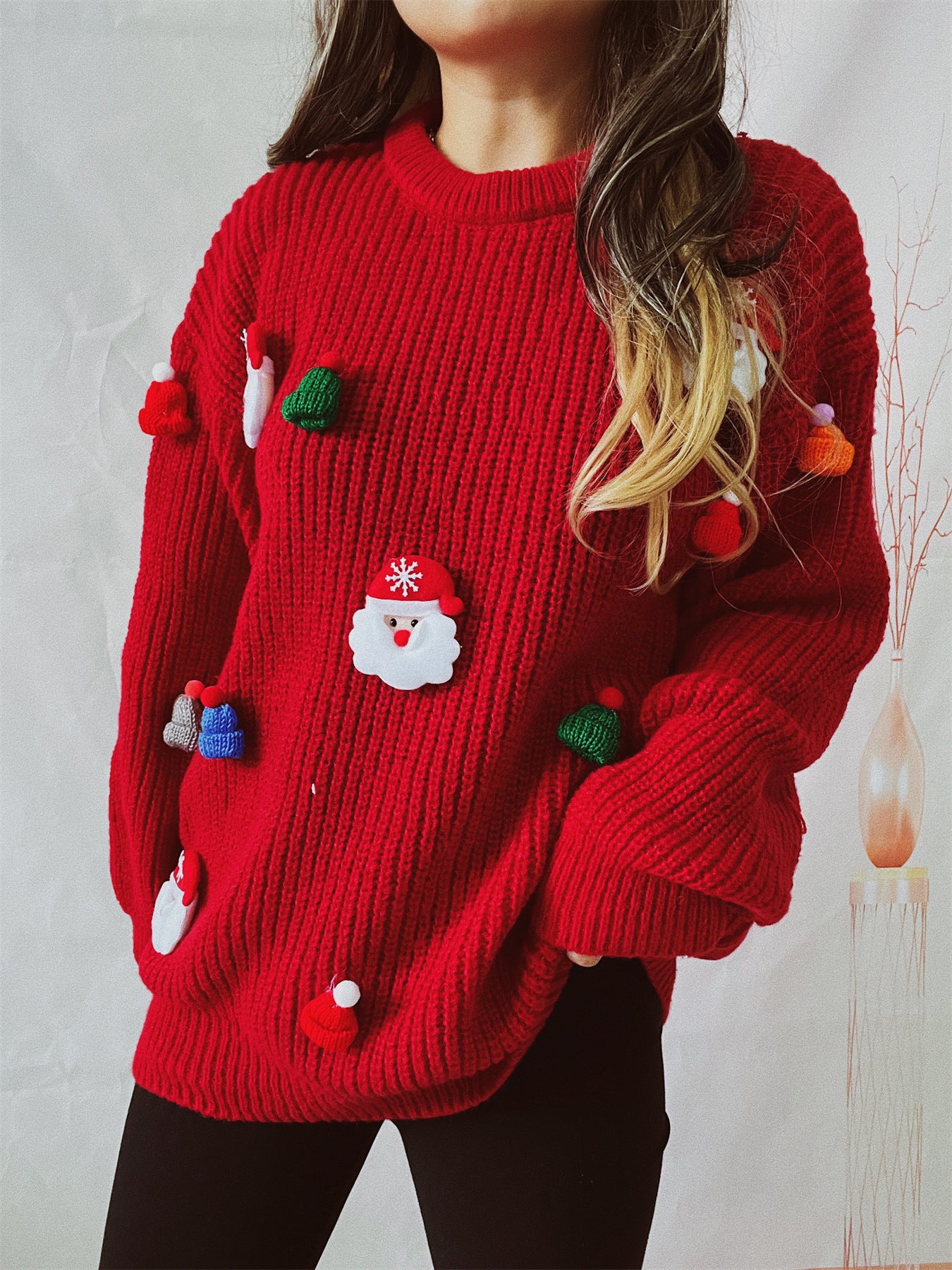 Women's Cute Santa Claus 3D Decoration Sweater – Round Neck Long Sleeve Christmas Knitwear - ZA-ZOLA